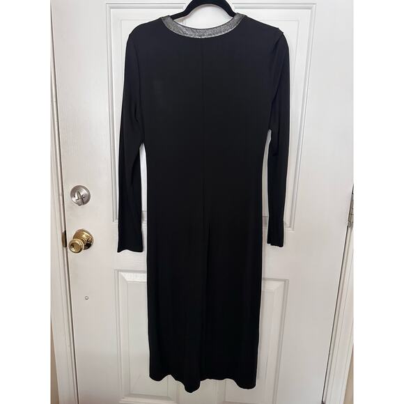 Lafayette 148 Dress Shimmer Metallic Silver Trim Ruched Midi Black Women's Sz 10 - Picture 8 of 9